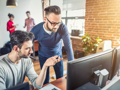 Zwei Personen im Vordergrund, eine sitzt und eine steht, und diskutieren, während sie auf einen Computerbildschirm schauen. Im Hintergrund unterhalten sich zwei weitere Personen in der Nähe eines Fensters. Die Umgebung scheint ein Büro mit Backsteinwänden und großen Fenstern zu sein.