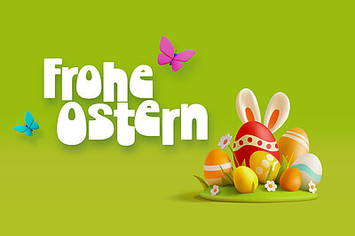 Auf einem hellgrünen Hintergrund steht in weißen Buchstaben "Frohe Ostern", rechts unten befinden sich bunte Ostereier.