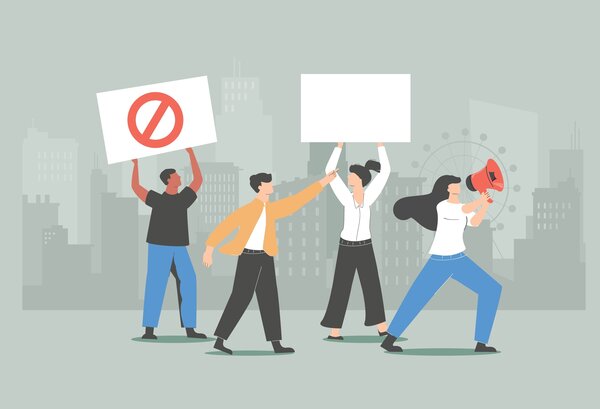 Eine Illustration von Menschen zeigt eine Demonstration.