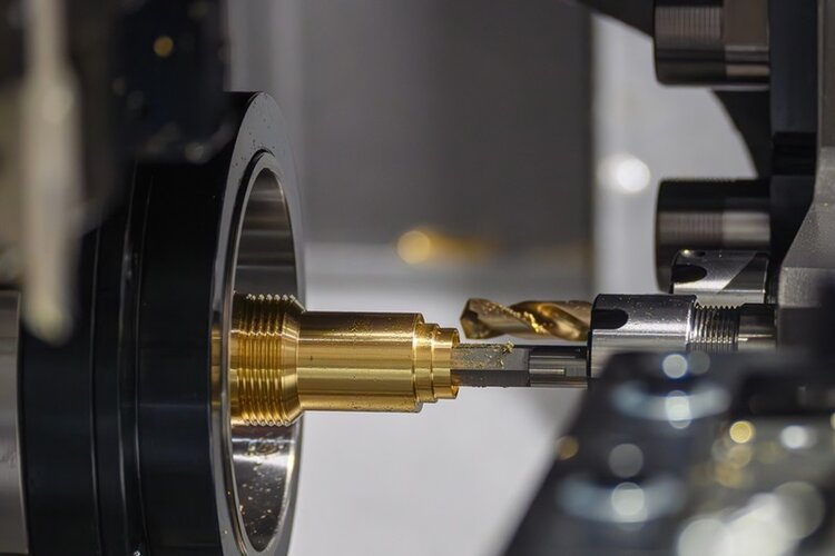Im Vordergrund befindet sich ein goldfarbenes Metallteil, das in eine Maschine eingespannt ist. Ein Werkzeug mit silbernem Schaft und goldener Spitze bearbeitet das Metallteil präzise. Die Szene zeigt eine industrielle Umgebung mit klaren, glänzenden Oberflächen und mechanischen Komponenten.