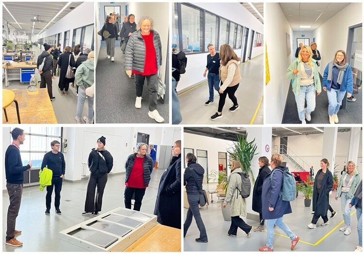 Mehrere Szenen zeigen eine Gruppe von Menschen, die durch helle, moderne Innenräume mit großen Fenstern und industriellen Elementen gehen. Die Personen tragen überwiegend legere Kleidung, darunter Jacken und Mäntel. In einer Szene stehen einige Menschen um einen Tisch mit technischen Geräten, während in anderen Szenen die Gruppe durch Flure und offene Arbeitsbereiche läuft. Pflanzen und Arbeitsmaterialien sind sichtbar, die Atmosphäre wirkt sachlich und geschäftlich.